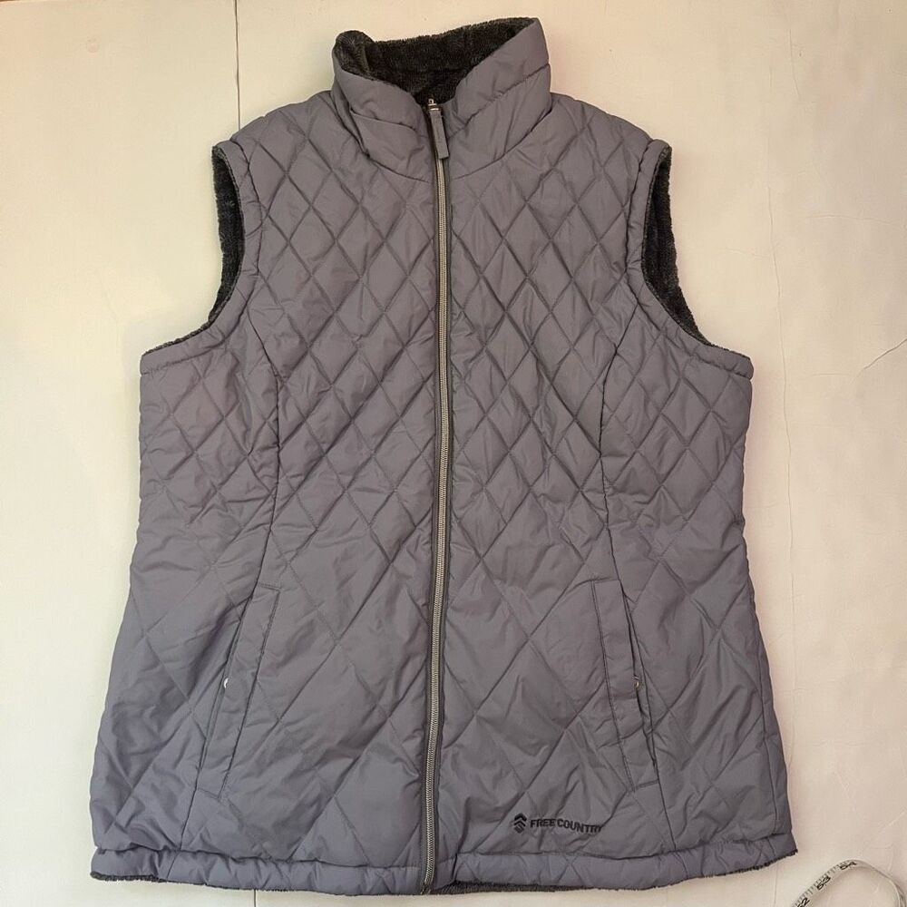Free Country Women's Faux Fur Reversible Quilted Full Zip Puffer Vest Gray Large